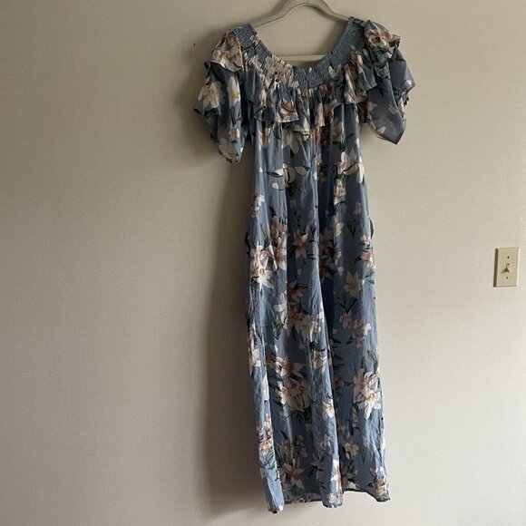 Loveriche Women SZ L Blue Floral Off Shoulder Ruffle Top Wide Leg Jumpsuit NWT - Picture 10 of 12